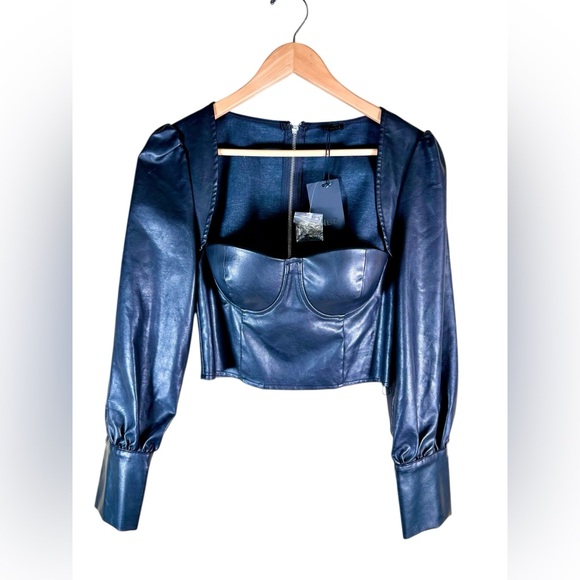 NWT NBD Black FIA Faux Leather Long Sleeve Crop Top Corset - Picture 2 of 8